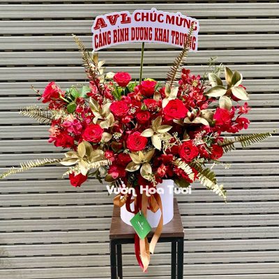 Lẵng Hoa Khai Trương Sang Trọng Đỏ Gold